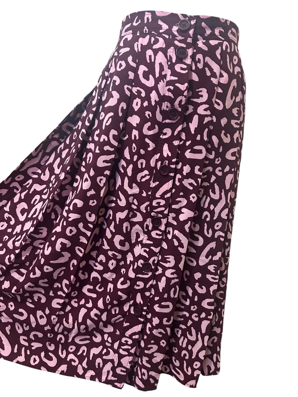 ModCloth Leopard Print Button Front Midi Skirt Size 4 Pink Burgundy A-Line Retro